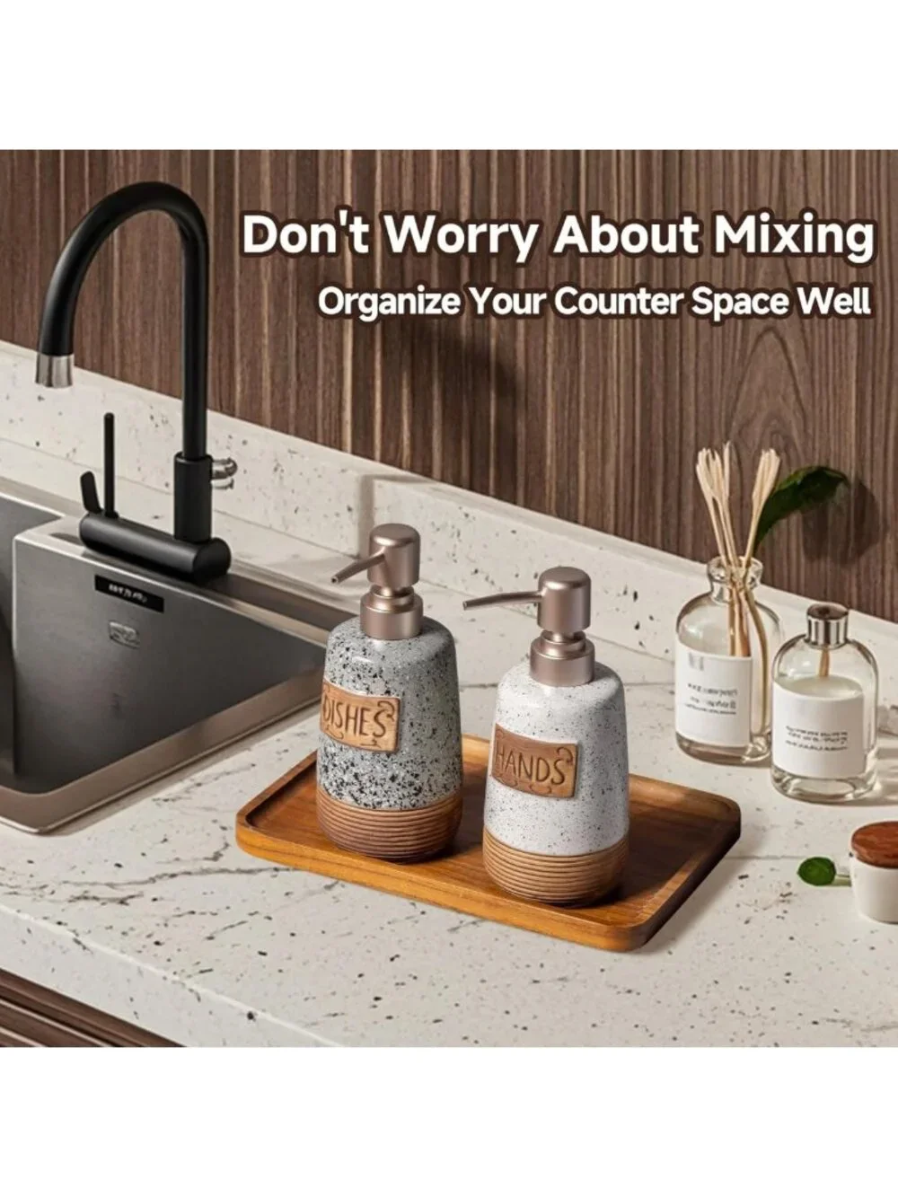 Farmhouse Ceramic Soap Dispenser Set for Kitchen & Bathroom, Vintage 15 OZ Decor
